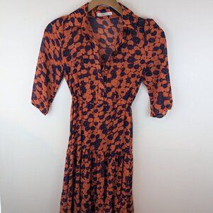Hazel Blue/Orange Floral Print Sheer Long Sleeve Dress, Sz S